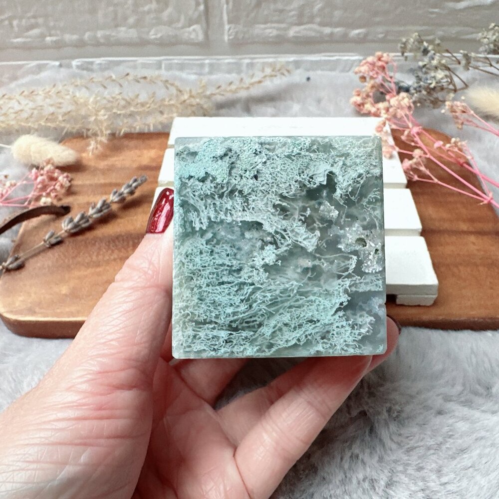 Gorgeous Moss Agate Cube Carving
